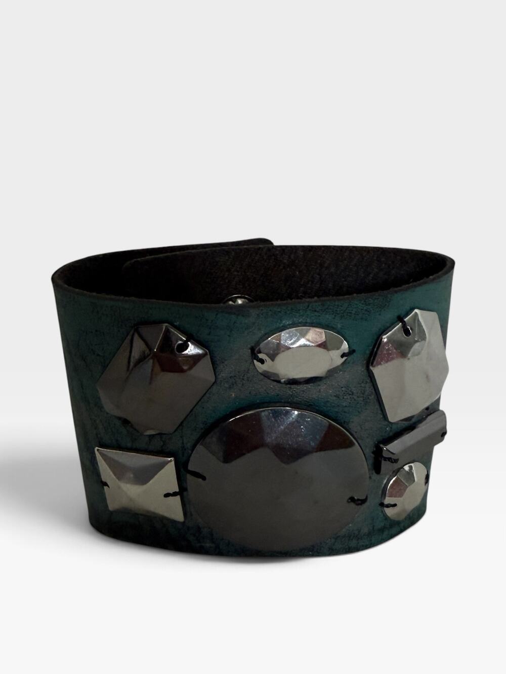 Vintage 90s Handmade Leather Jeweled Cuff Bracelet Wide Statement